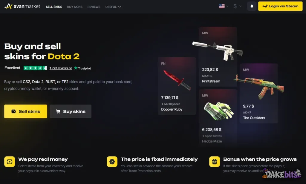 Avan.Market home page: buy and sell CS2, Dota 2, Rust and TF2 skins.