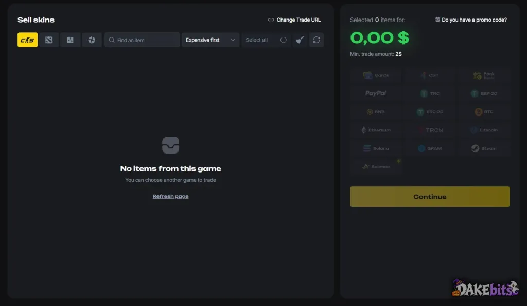 The sell screen: minimum trade $2, payout to cards, bank, PayPal, crypto, Steam or site balance.