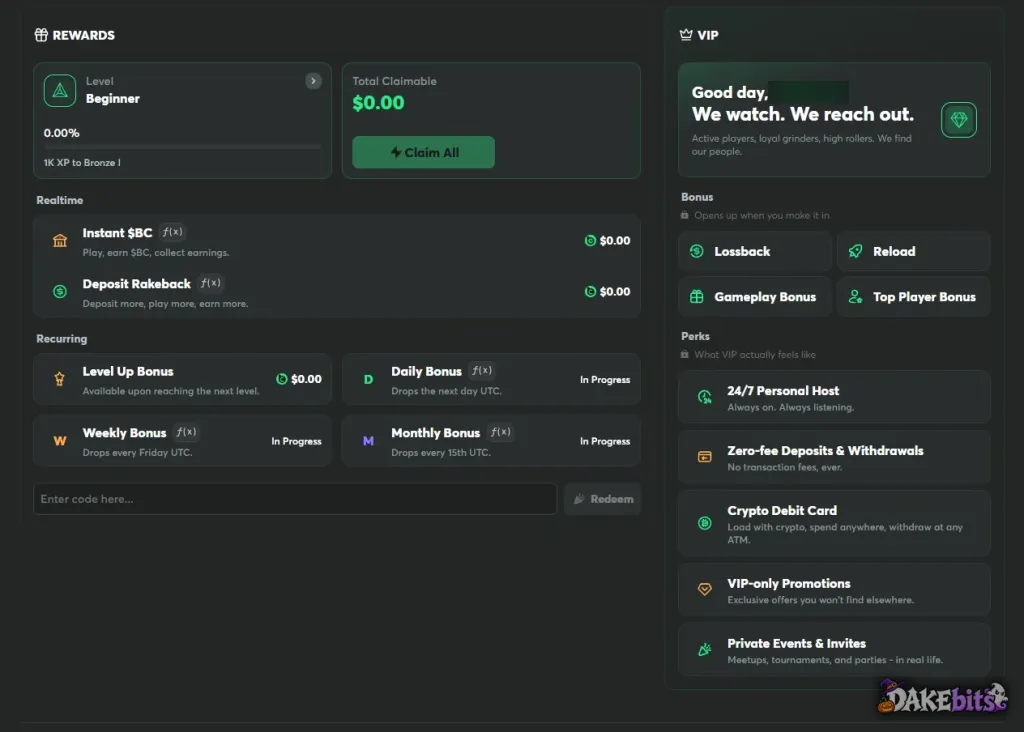 Recompensas en nuestra cuenta nueva: Instant $BC, rakeback de depósito, bonos por subir de nivel, diarios, semanales y mensuales, y un campo para códigos de bono.