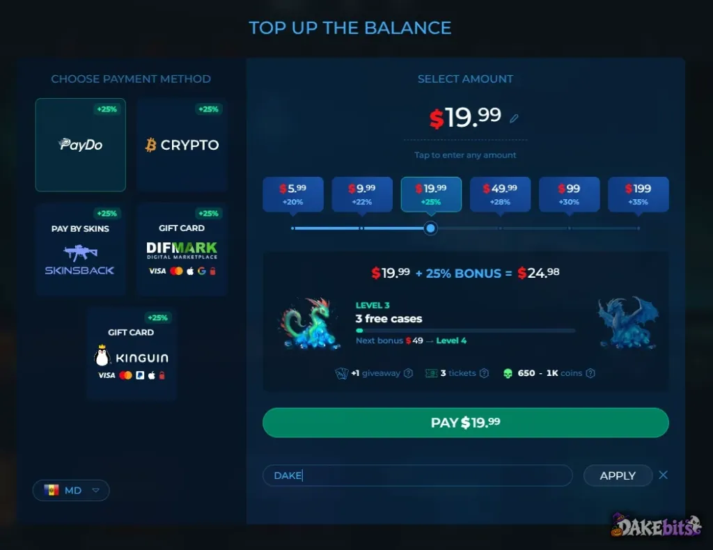 The top-up window on our account (region MD): five payment options and +20% to +35% extra balance depending on the amount.