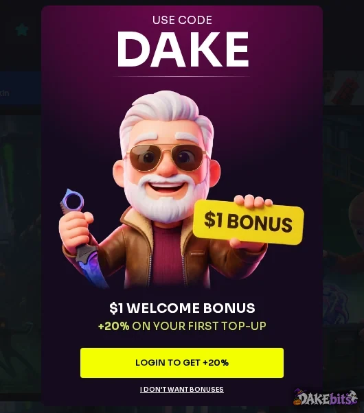 Our link casehug.com/r/DAKE opens this pop-up: “Use code DAKE”, a $1 welcome bonus and +20% on your first top-up.