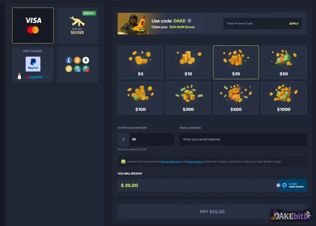 Casehug deposit window on our account: cards, Pay by Skins, gift cards and crypto, a $1.00 minimum and the “Use code DAKE” banner.
