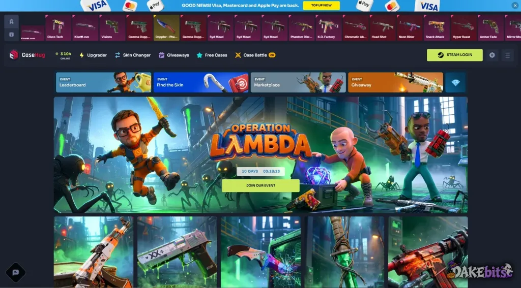 Casehug home page: Upgrader, Skin Changer, Giveaways, Free Cases and Case Battle, with the Operation Lambda event.