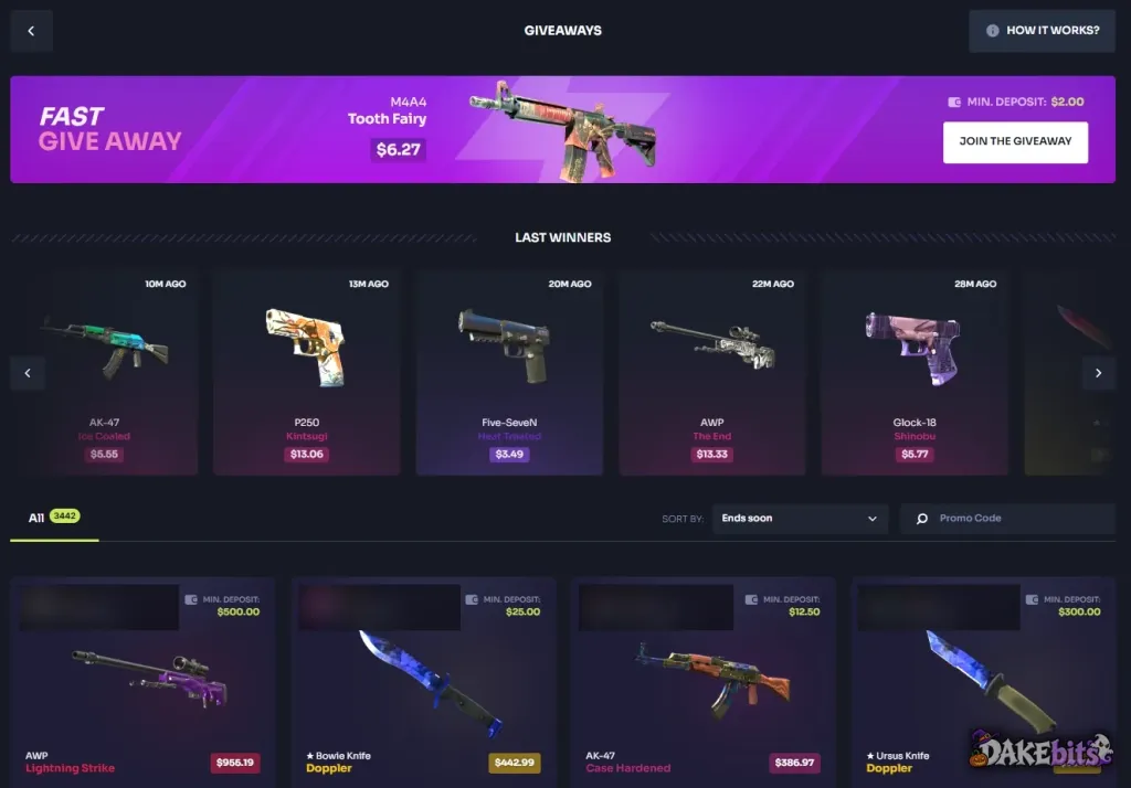Casehug giveaways: the Fast Giveaway needs a single $2 top-up; creator giveaways list their own minimum deposit.
