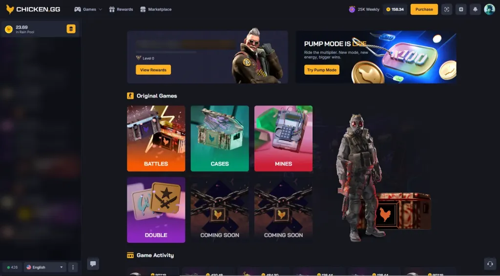 Chicken.gg after signing up: Battles, Cases, Mines and Double.