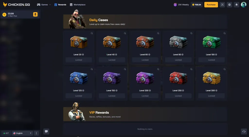 Free daily cases unlock from level 20 to level 300.