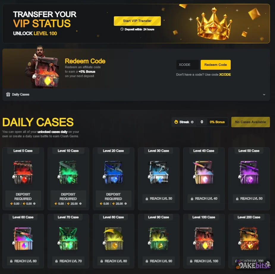 Rewards → Redeem Code (+5% en tu próximo depósito) y las cajas diarias.