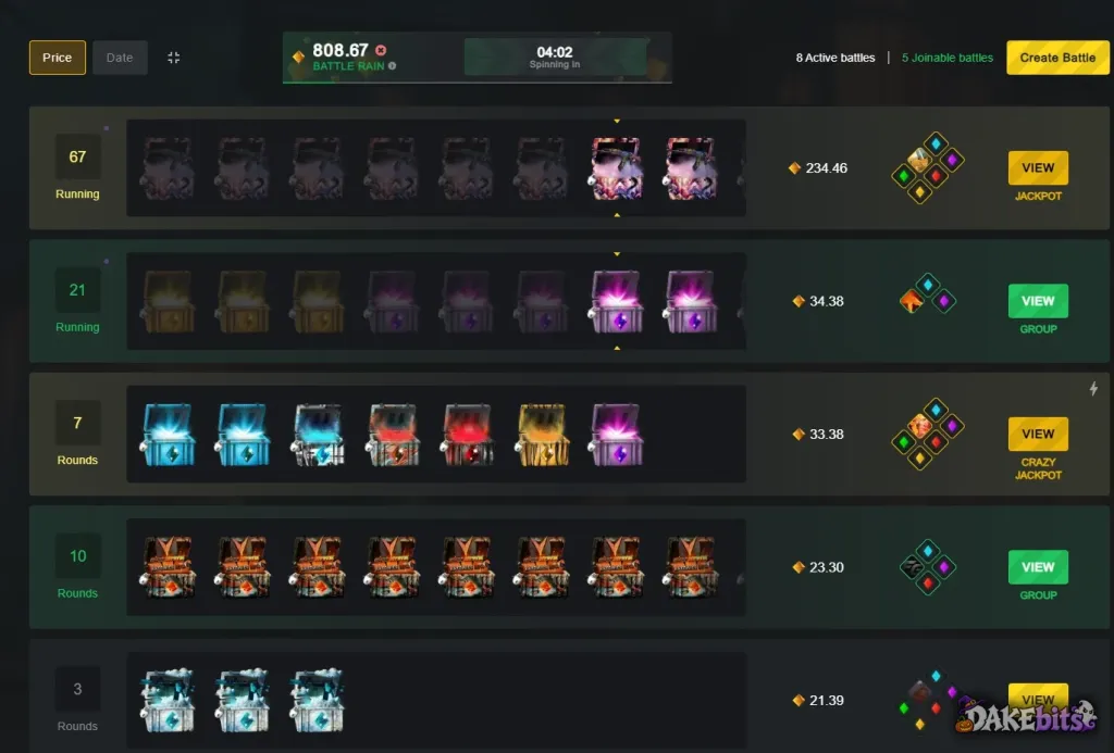 Batallas de cajas de Clash.gg: modos jackpot, grupal y crazy jackpot.