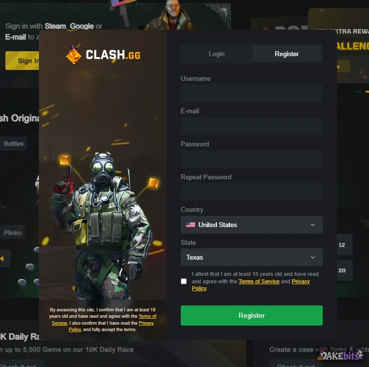 Formulario de registro de Clash.gg.