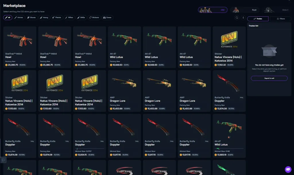 The CS2Skin marketplace: skins priced in site coins, with CS2, Rust and Dota 2 tabs.