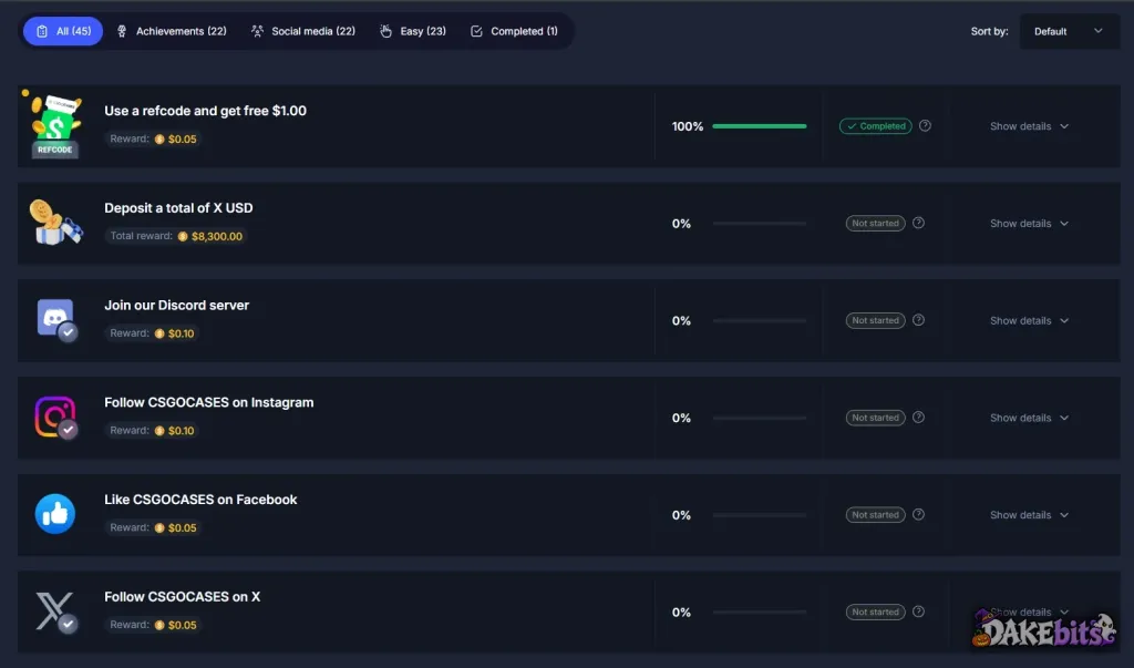 CSGOCases tasks on our account: “Use a refcode and get free $1.00” is marked completed, and joining Discord or following the site on Instagram, Facebook or X pays $0.05 to $0.10.