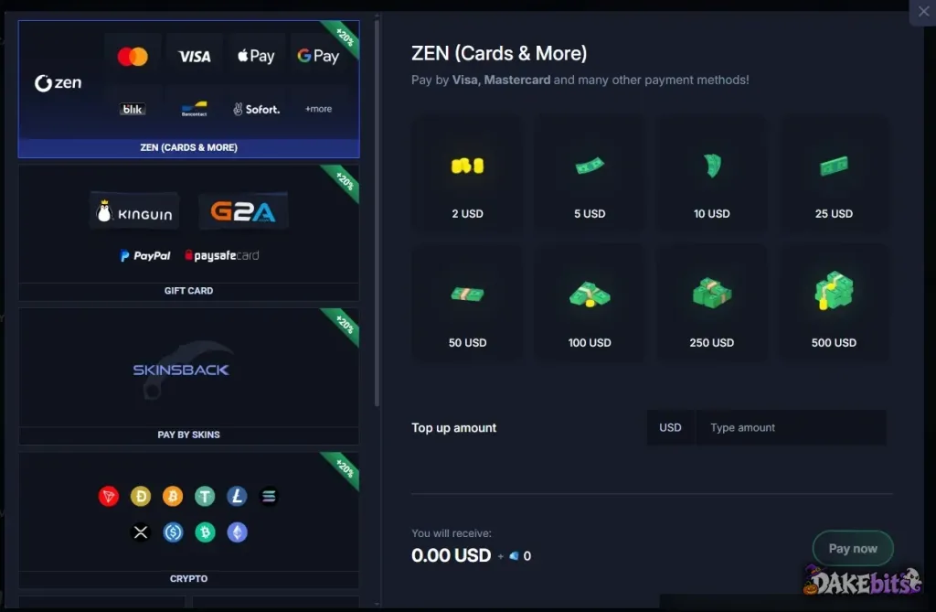 The CSGOCases deposit window on our account: ZEN for cards, Apple Pay and Google Pay, gift cards, Pay by Skins through Skinsback and ten coins, with amounts from $2 to $500.