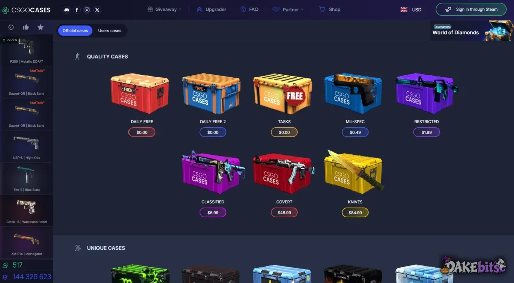 CSGOCases home page, signed out: two daily free cases and a Tasks case at $0.00, then paid cases from $0.49 to $84.99.