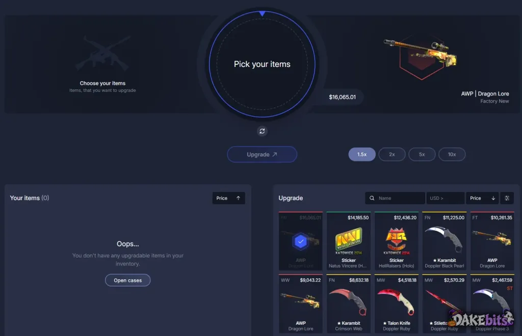 The CSGOCases upgrader: you trade skins you won for a chance at a pricier one, at 1.5x, 2x, 5x or 10x.