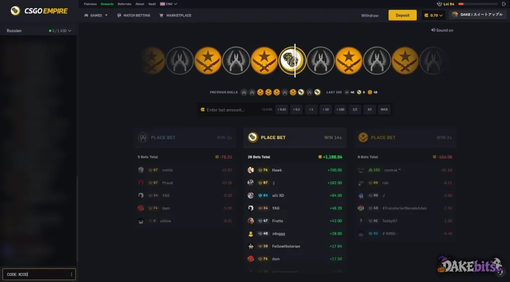 Ruleta de CSGOEmpire: CT y T pagan 2x, la casilla del dado paga 14x.
