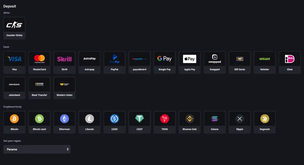 CSGOEmpire deposit options with the region set to Panama.