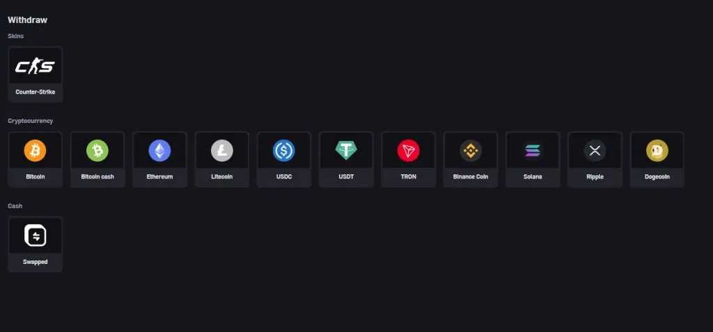 CSGOEmpire withdrawals: skins, 11 cryptocurrencies and cash through Swapped.