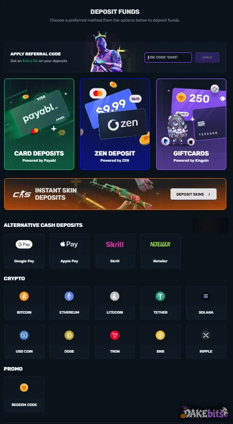CSGOGem deposit page on our account: the “Apply referral code” box (“Get an Extra 5% on your deposits”), cards through Payabl, Zen, Kinguin gift cards, skins, Google Pay, Apple Pay, Skrill, Neteller and ten cryptocurrencies.