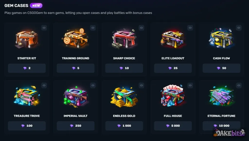 Gem cases: you earn gems by playing and spend them on ten cases, from Starter Kit (2 gems) to Eternal Fortune (10,000 gems).