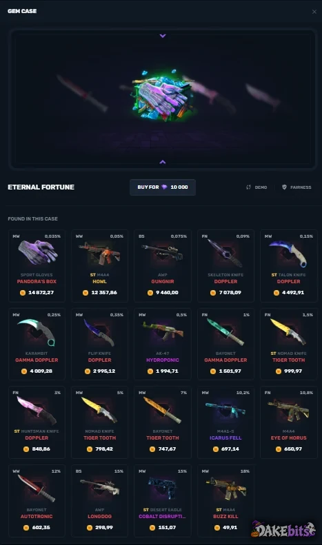 The Eternal Fortune gem case lists every item with its chance, from Sport Gloves Pandora’s Box (0.035%) to an M4A4 Buzz Kill (18%), with Demo and Fairness buttons.