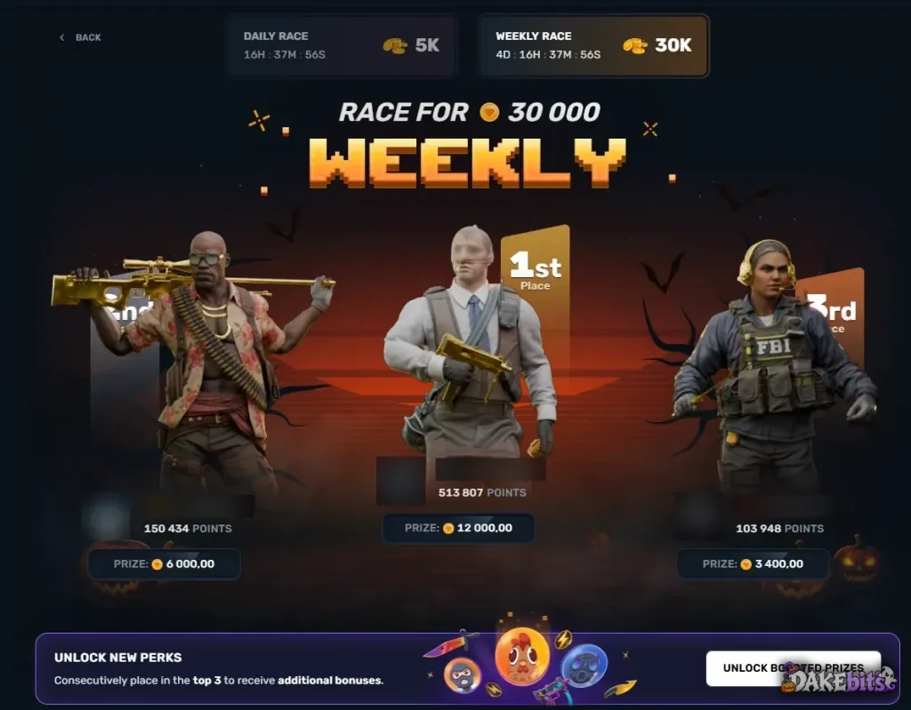The 30,000-coin weekly race pays 12,000, 6,000 and 3,400 coins to the top three; there is also a 5,000-coin daily race.