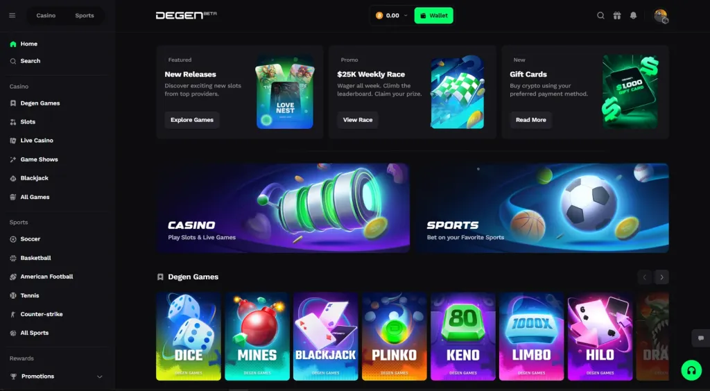 Degen.com home page: Degen Games, casino and sports.