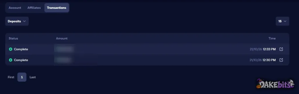 Our two USDT deposits on Duel, both Complete within a minute of sending (21 October 2026; amounts hidden).