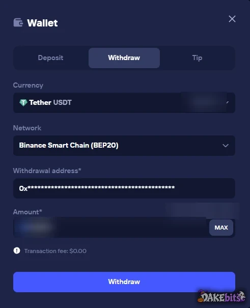 Withdrawing USDT on BNB Smart Chain: the fee shown was $0.00 (amounts hidden).