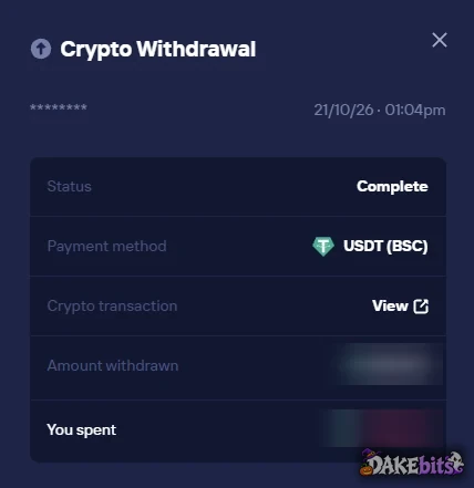 The withdrawal marked Complete; it reached our wallet the same minute (21 October 2026; amounts hidden).