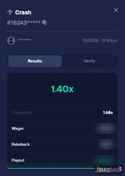 A Crash round on our account: each bet has Results and Verify tabs, so it can be checked (amounts hidden).