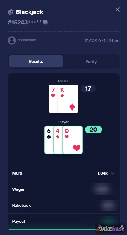 A Blackjack hand on our account, with the same Results and Verify tabs (amounts hidden).