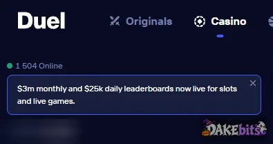 Pinned in Duel’s chat: $3m monthly and $25k daily leaderboards for slots and live games.