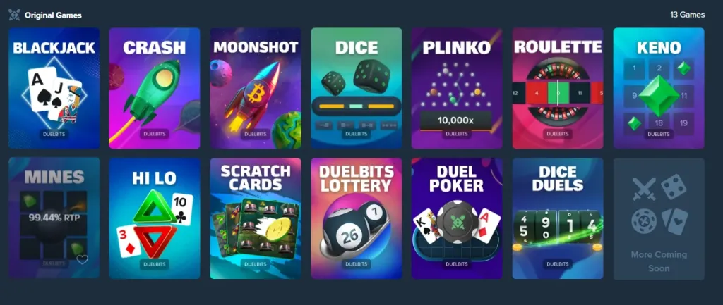 The 13 Duelbits Originals, from Blackjack and Crash to Duel Poker and Dice Duels.