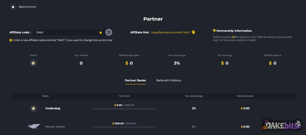Our FarmSkins partner panel: affiliate code DAKE, the link farmskins.com/ref-DAKE and “Referral receive $1 on balance”; the rank table lists $0.90 for a referral at our current rank (Underdog).