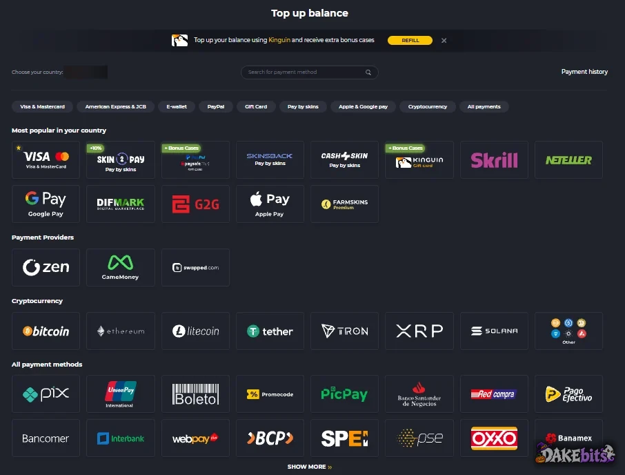 The FarmSkins top-up window on our account: cards, Apple Pay and Google Pay, Skrill and Neteller, three pay-by-skins services, gift cards, crypto and a Promocode tile; the country choice is blurred.