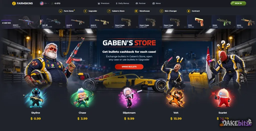 FarmSkins home page: Farm Zone, Upgrader, Gaben’s Store, Warehouse, Skin Changer and Contract, with featured cases from $0.99 to $29.99.