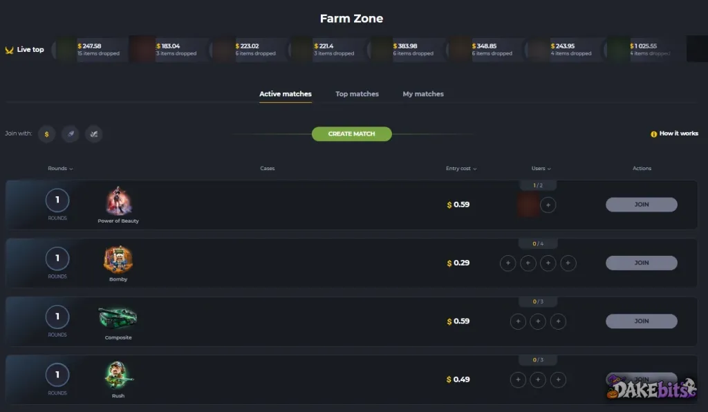 Farm Zone, FarmSkins’ case battles: open one-round matches for 2 to 4 players at $0.29 to $0.59 to join; other players’ avatars are blurred.