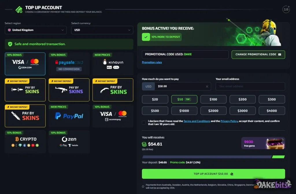 G4Skins deposit window on our account with code DAKE applied: a $50 card top-up showed $4.97 (10%) extra and $54.61 to receive after a $0.35 fee.