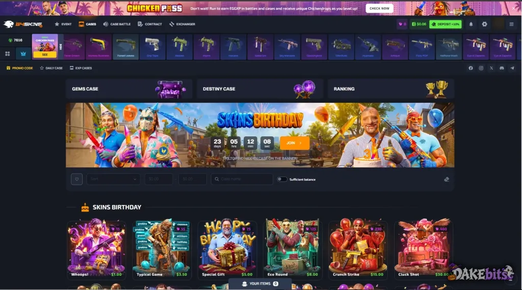 G4Skins home page on our account: Skins Birthday event cases from $1 to $30 and the Promo Code, Daily Case and EXP Cases tabs.