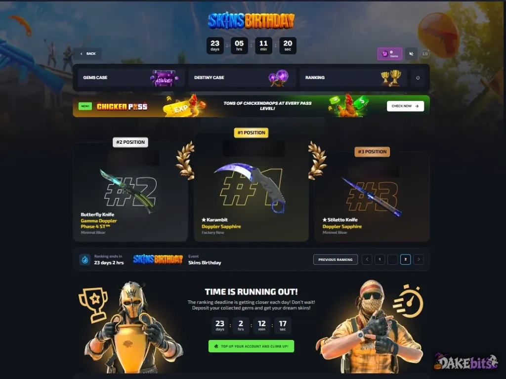 The Skins Birthday event: a ranking by gems, with knives as prizes for the top places; it had 23 days left on 19 October 2026.