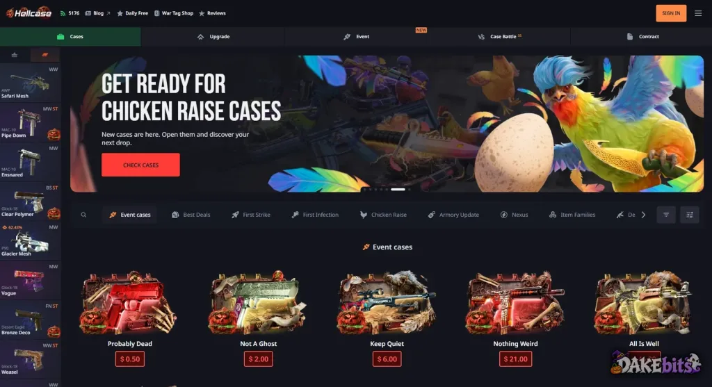 Hellcase home page: Cases, Upgrade, Event, Case Battle and Contract, with Halloween event cases from $0.50 to $45.
