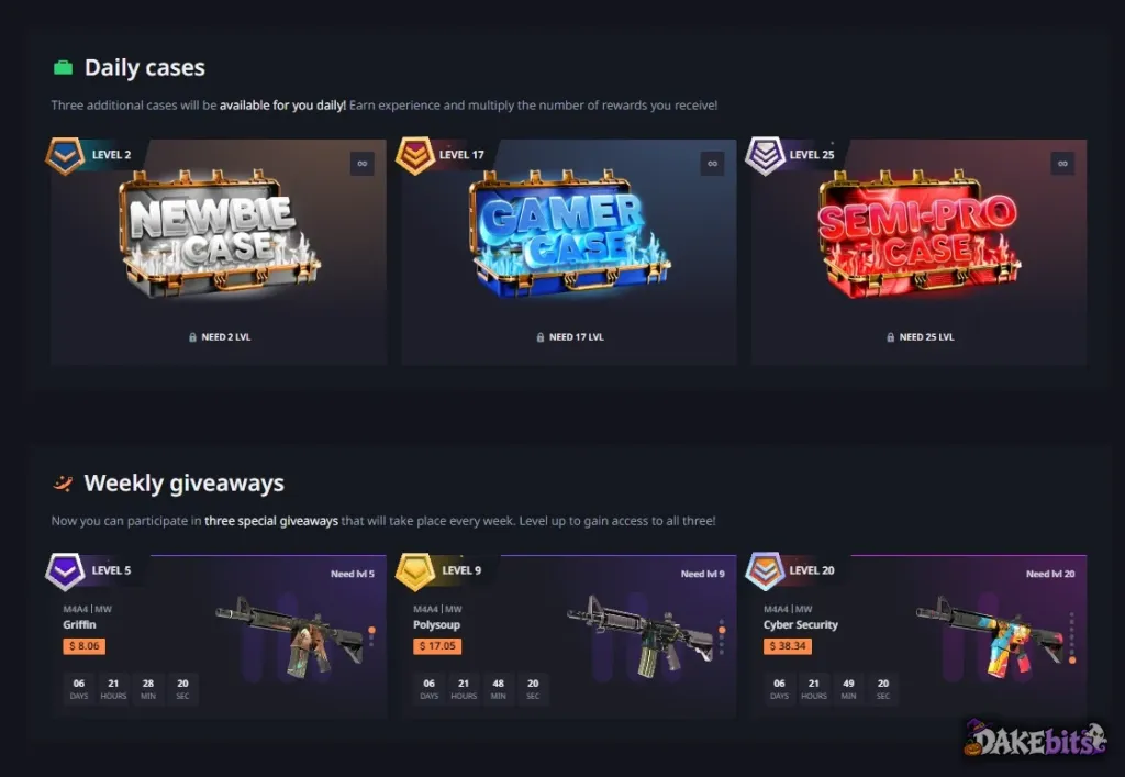 Hellcase daily cases by level (Newbie at level 2, Gamer at 17, Semi-Pro at 25) and three weekly giveaways for levels 5, 9 and 20.