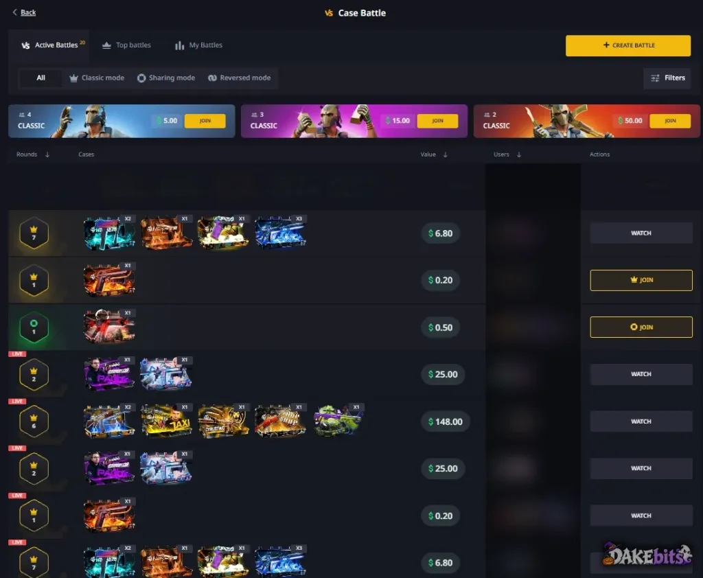 Hellcase case battles in Classic, Sharing and Reversed modes; other players’ avatars are blurred.