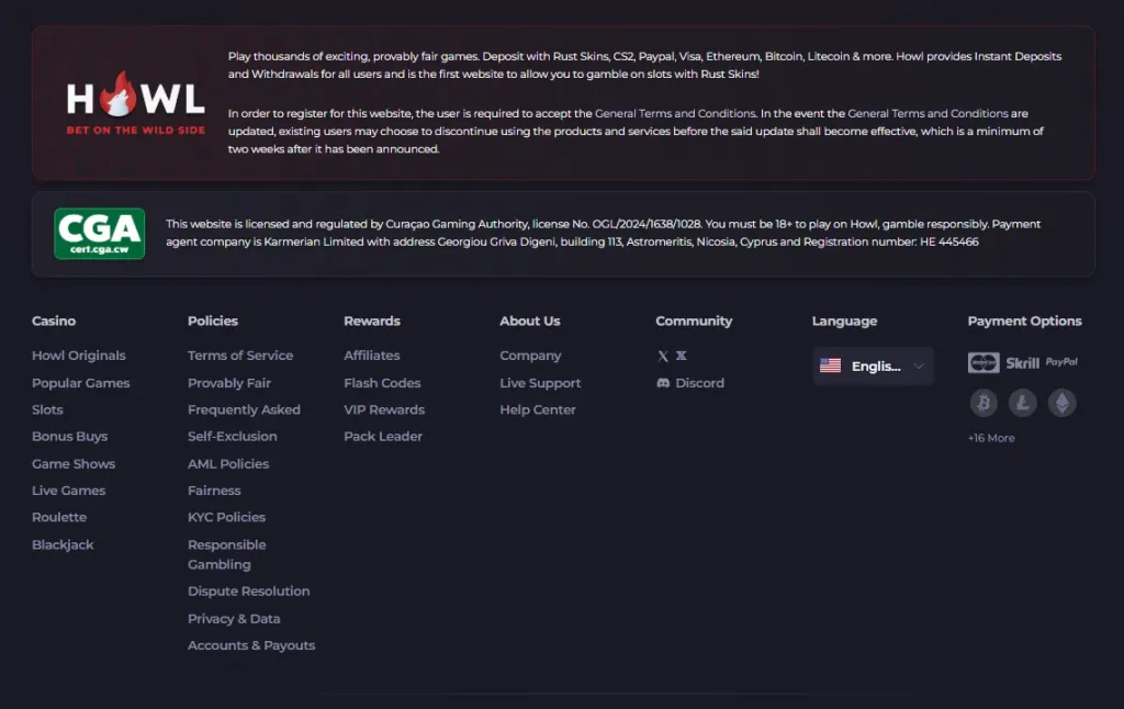 The Howl.gg footer: Curaçao licence OGL/2024/1638/1028, payment agent and payment options.