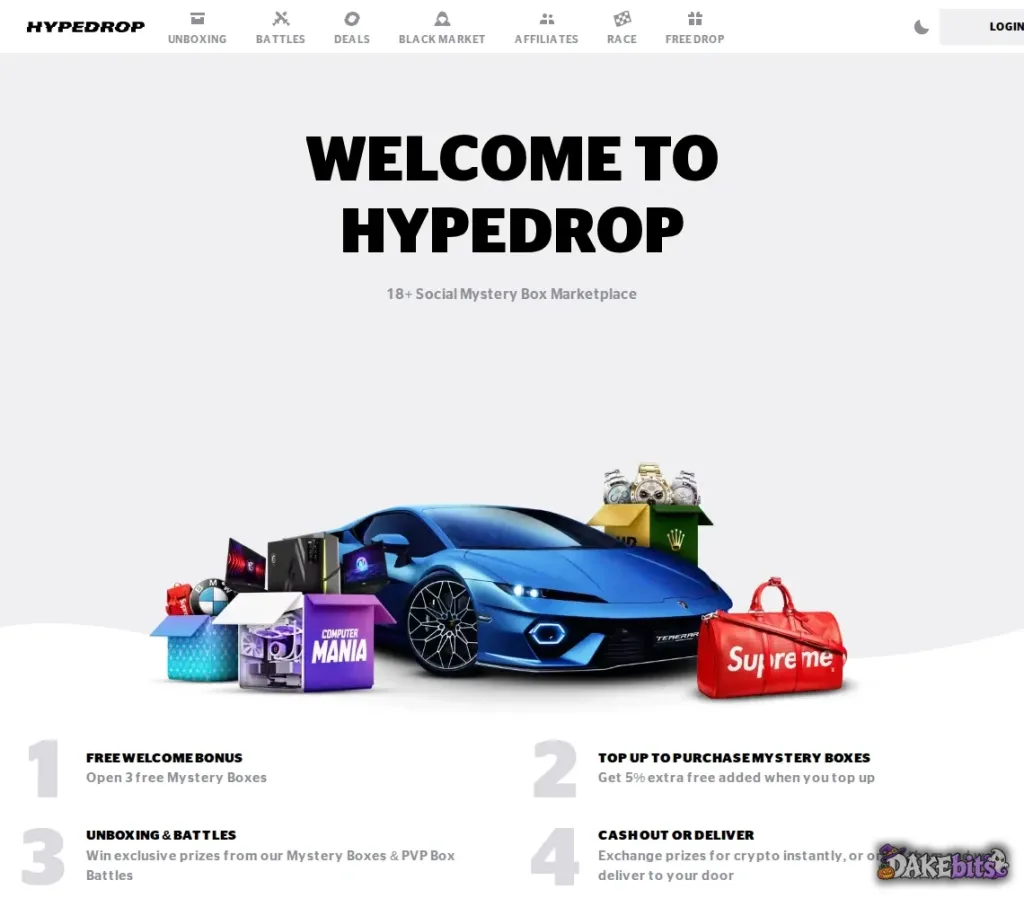 Our link hypedrop.com/r/DAKE opens HypeDrop’s welcome page: 3 free mystery boxes for new players and 5% extra when you top up.