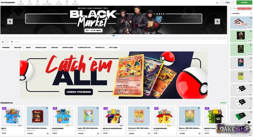 HypeDrop home page: Unboxing, Battles, Deals, Black Market, Race and Free Drop, with Pokémon and other trading-card boxes.