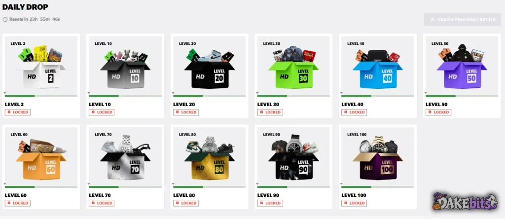 Daily Drop: 11 free level boxes from level 2 to level 100 that reset every 24 hours; all were locked when we looked.