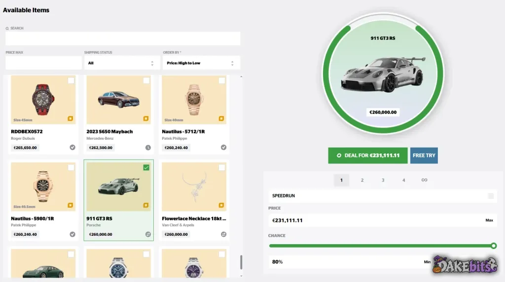 Deals: an 80% chance at a €260,000 Porsche 911 GT3 RS cost €231,111.11; 80% is the highest chance HypeDrop allows.