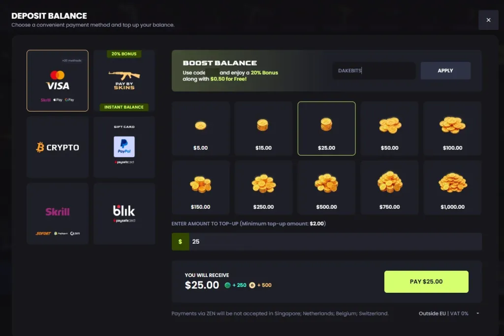 Key-Drop deposit window on our account with DAKEBITS typed into the Boost Balance field; the minimum top-up is $2.00.
