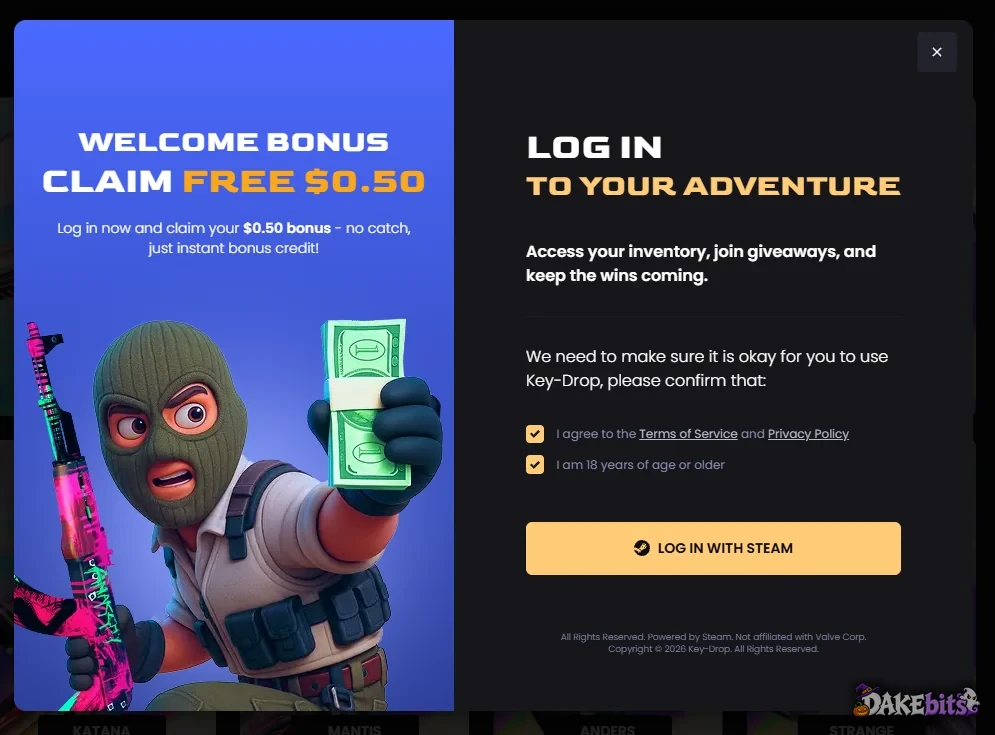 Key-Drop solo permite iniciar sesión con Steam; la ventana de inicio de sesión ofrece un bono de bienvenida gratis de $0,50.